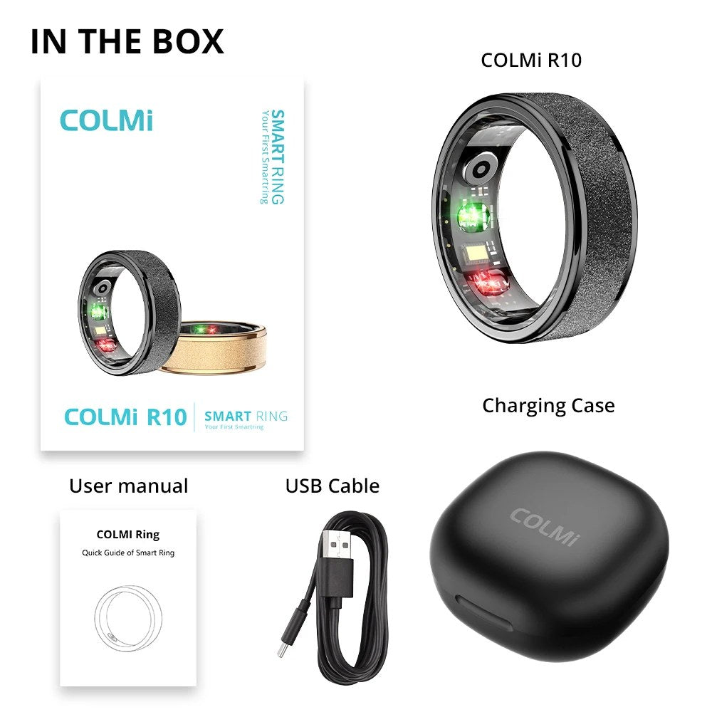 Contenu du coffret COLMI R10 : bague connectée, boîtier de charge, câble USB et guide d'utilisation