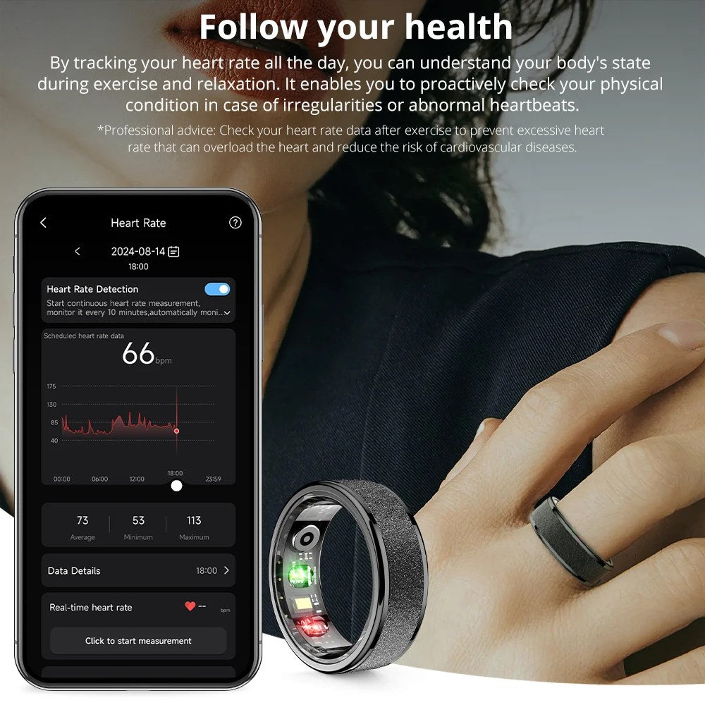 Mesure de la fréquence cardiaque en continu par la bague COLMI R10, affichée dans l'application mobile
